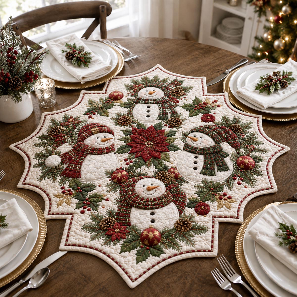 Snowman Poinsettia Custom Shape Quilted Table Topper SN0DV319