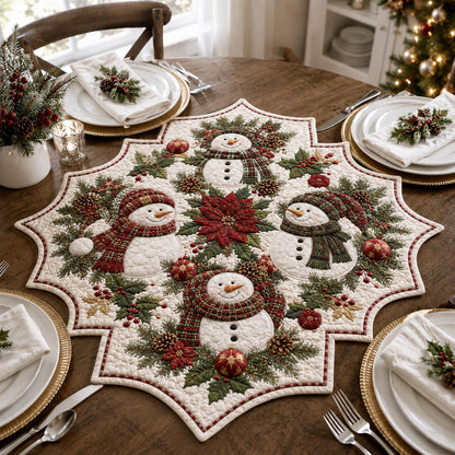 Snowman Poinsettia Custom Shape Quilted Table Topper SN0DV319
