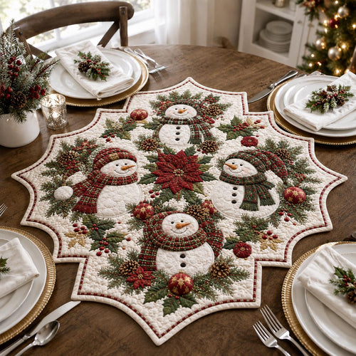 Snowman Poinsettia Custom Shape Quilted Table Topper SN0DV319