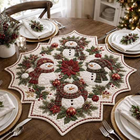 Snowman Poinsettia Custom Shape Quilted Table Topper SN0DV319
