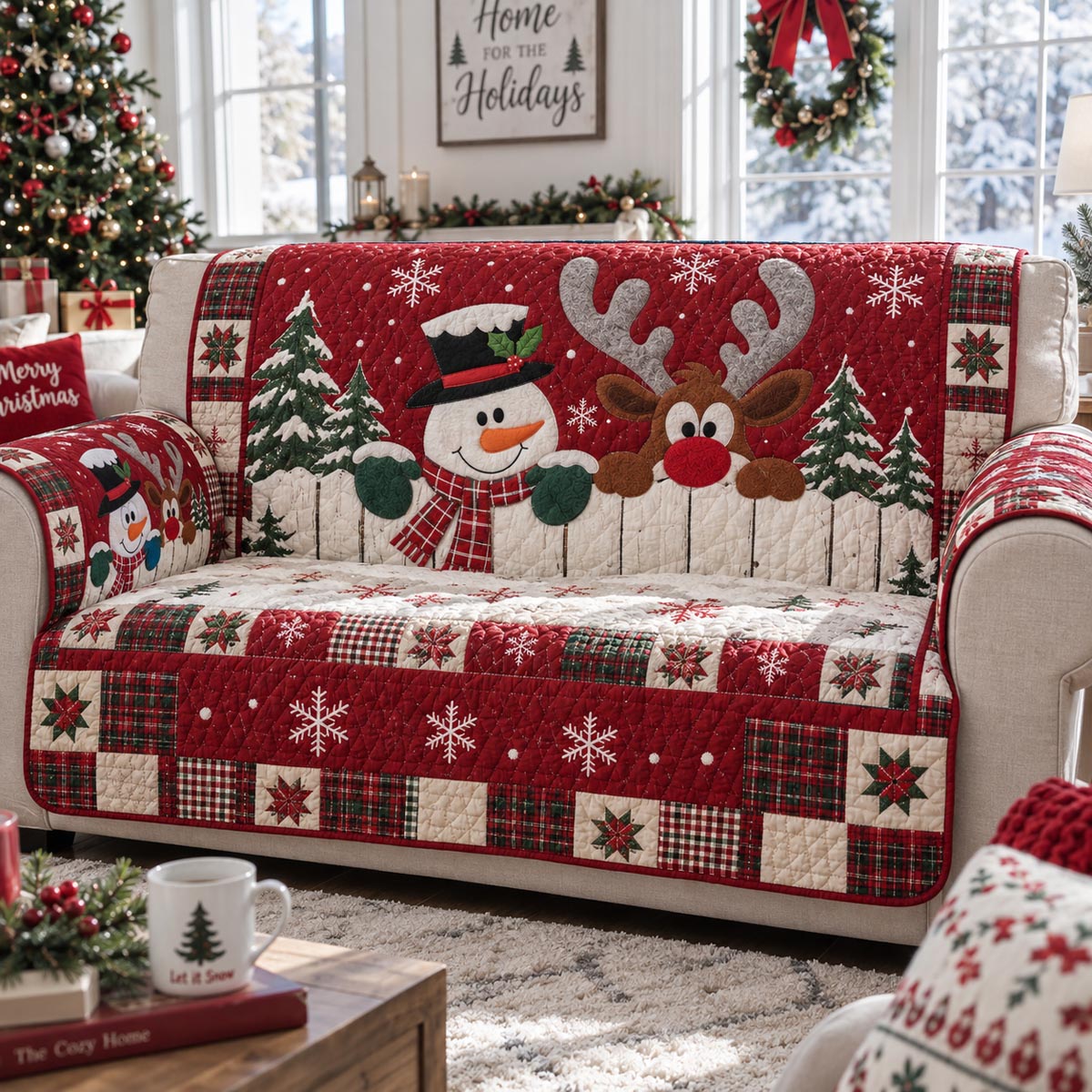 Snowman Reindeer Cheer Quilted Sofa Cover SN0DV641