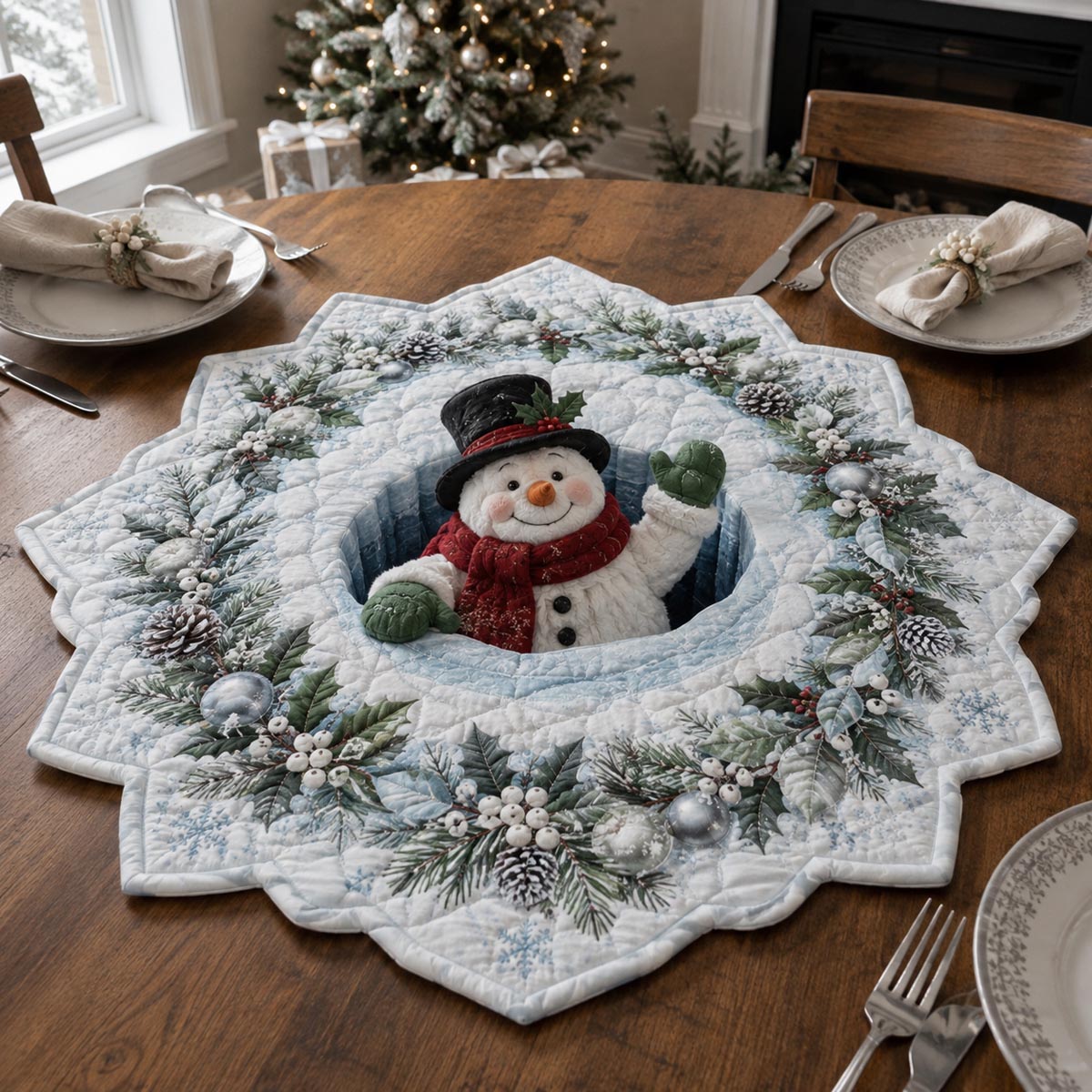 Snowman Winter Wreath Custom Shape Quilted Table Topper SN0DV333