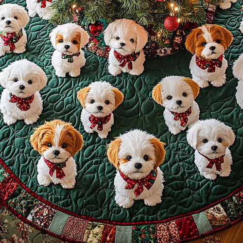 Snowy Bichon Cheer Christmas Quilted Tree Skirt NCU0DV1370