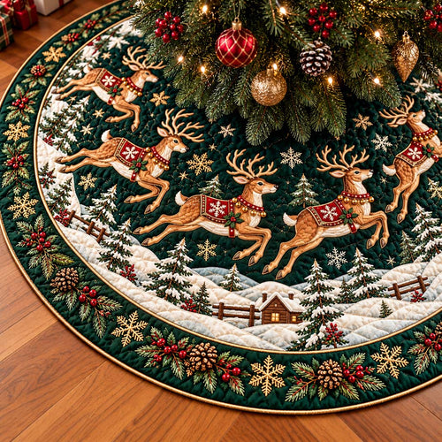 Snowy Cabin Reindeer Quilted Tree Skirt SN0HH1114