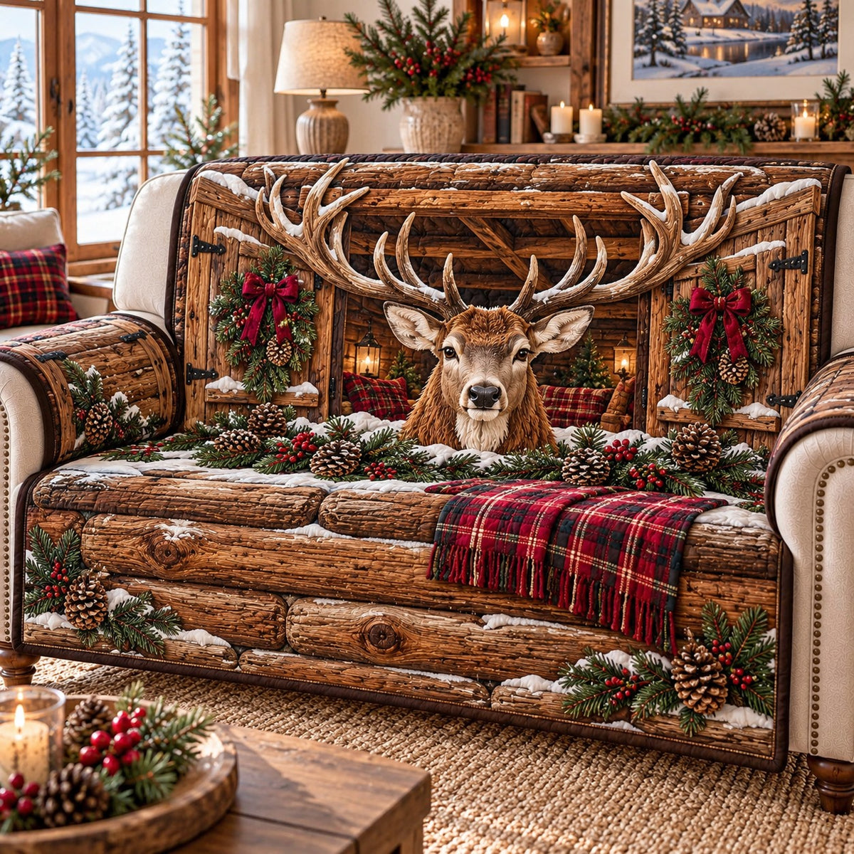 Snowy Cabin Stag Quilted Sofa Cover SN0TD1292