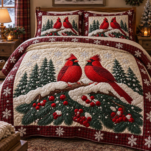 Snowy Cardinal Pines 3-Piece Quilted Bedding Set SN0DV721