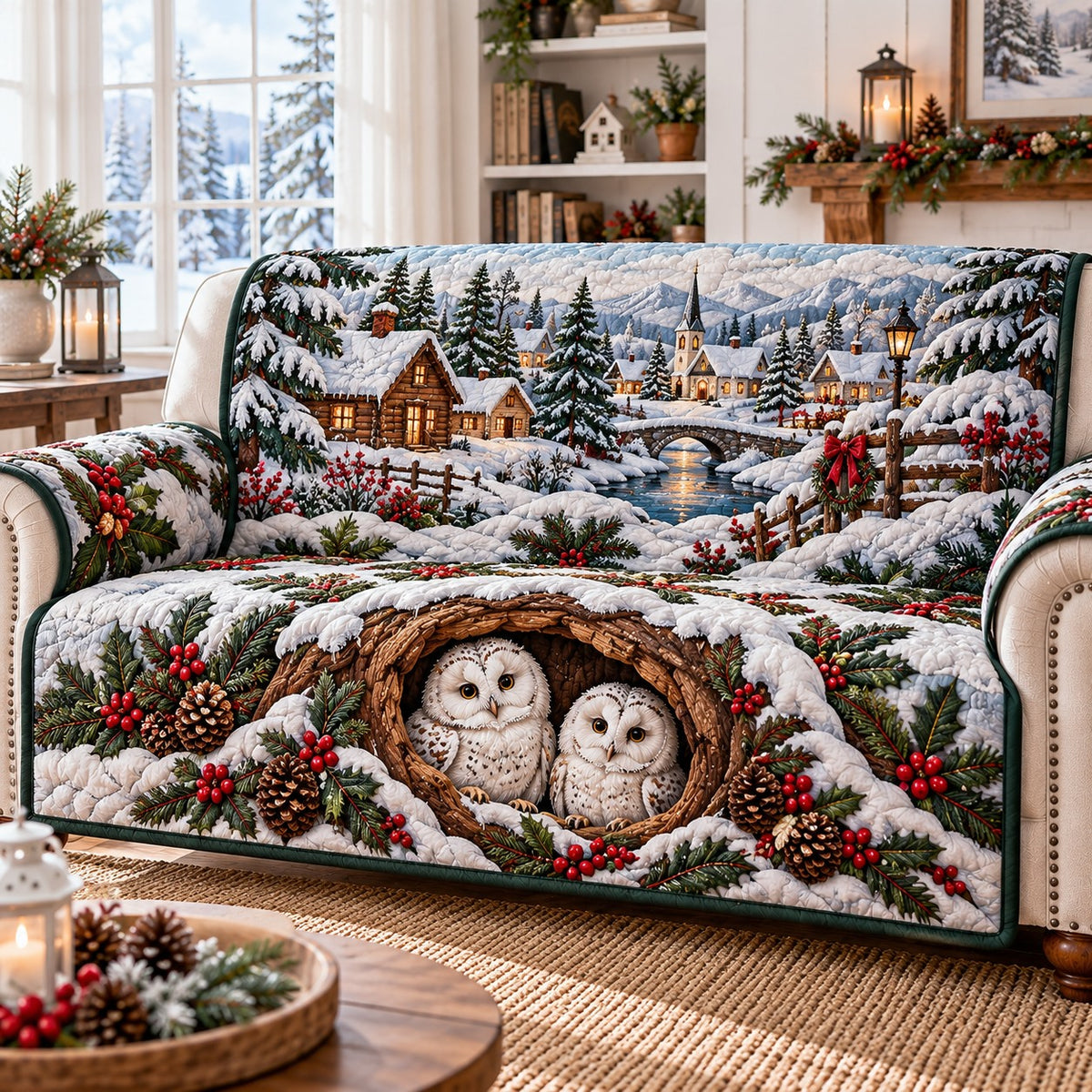 Snowy Cottage Village Quilted Sofa Cover SN0TD1369