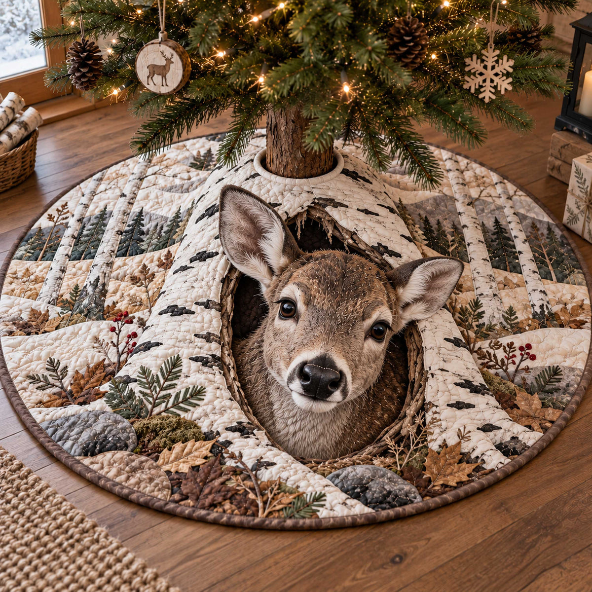 Snowy Deer Christmas Quilted Tree Skirt SN0TD634