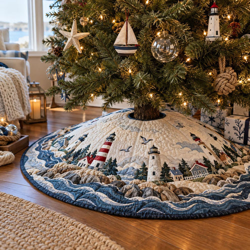 Snowy Harbor Lighthouse Christmas Quilted Tree Skirt SN0DV1184