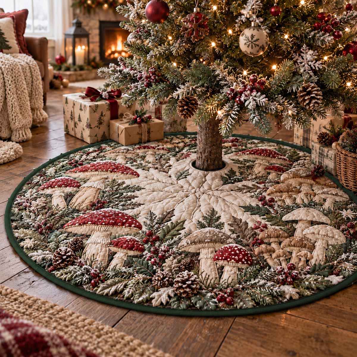 Snowy Mushroom Meadow Christmas Quilted Tree Skirt SN0DV924