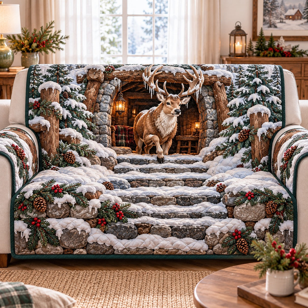 Snowy Stone Stag Quilted Sofa Cover SN0TD1293