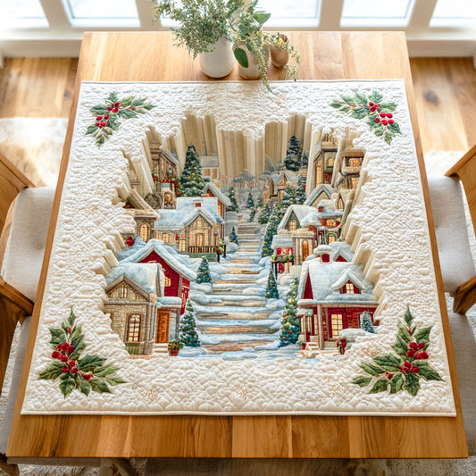 Snowy Village Steps Quilted Table Topper NCU0NTD509