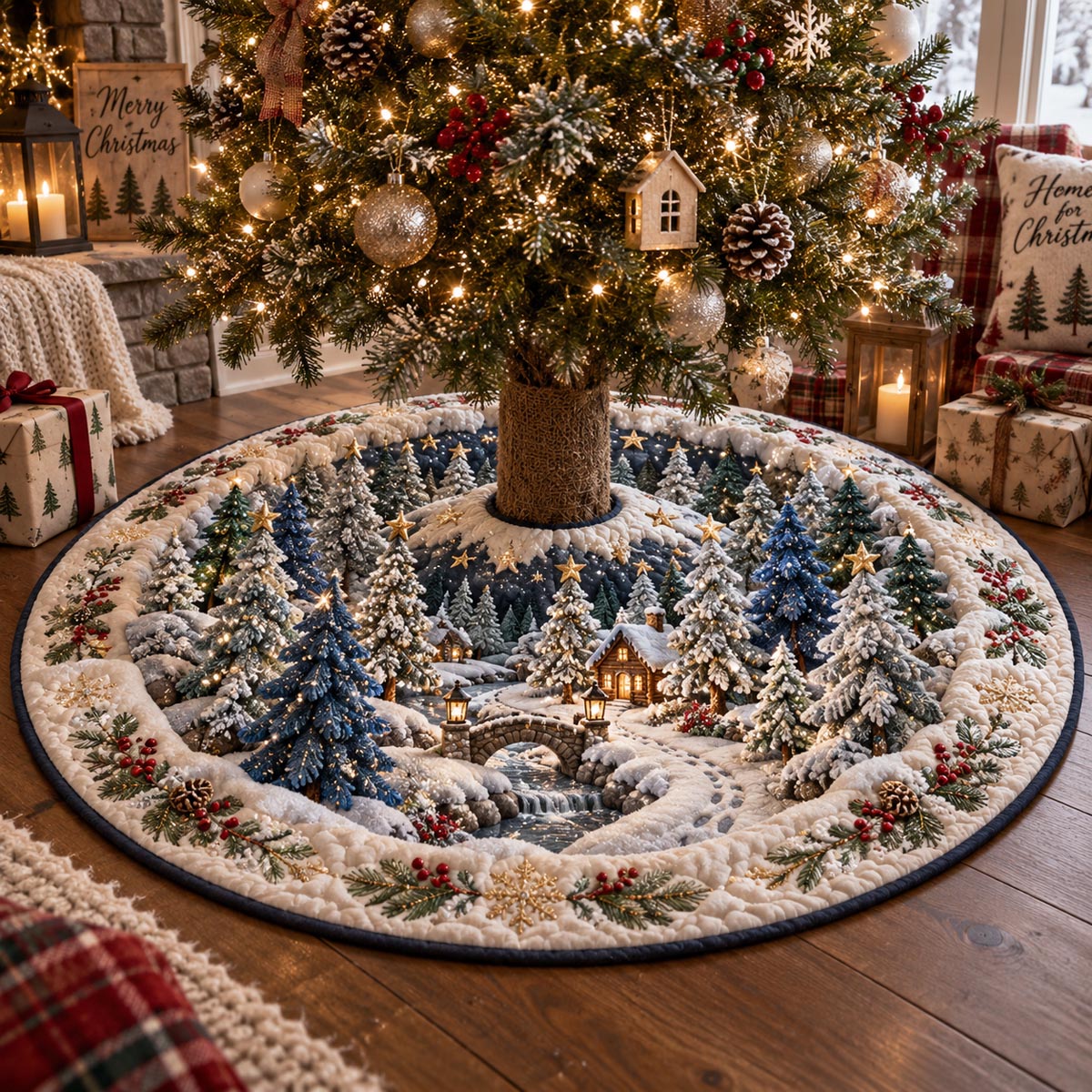 Snowy Woodland Cottage Christmas Quilted Tree Skirt SN0DV910
