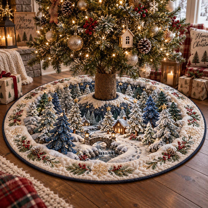 Snowy Woodland Cottage Christmas Quilted Tree Skirt SN0DV910