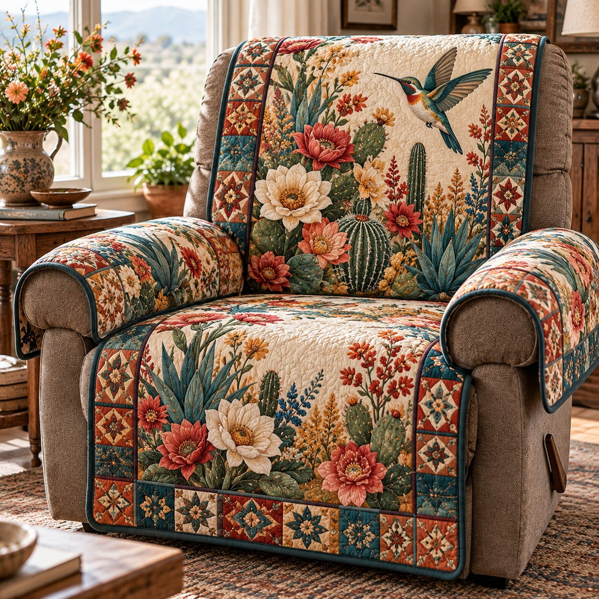 Southwest Cactus Hummingbird Quilted Sofa Cover SN0DV1100