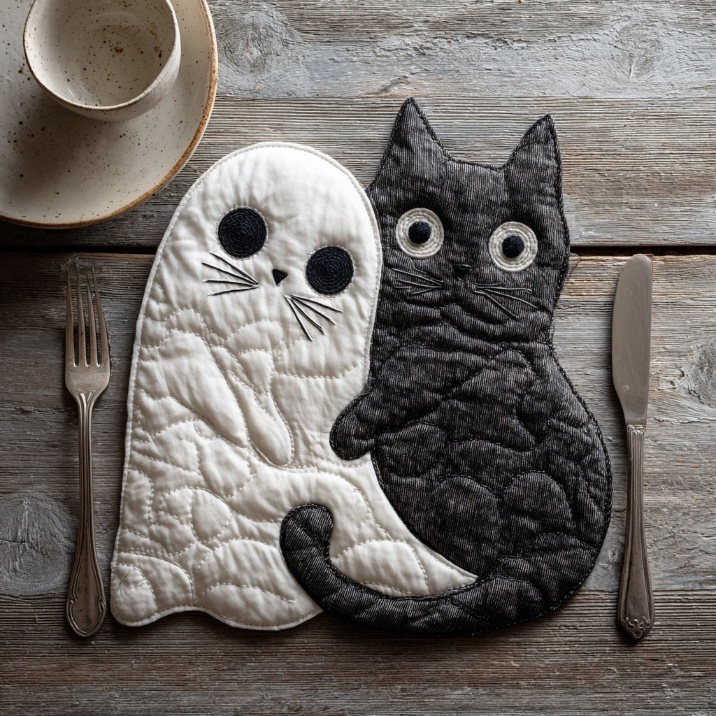 Spooky Ghost Cat Custom Shape Quilted Placemat NCU0LV042