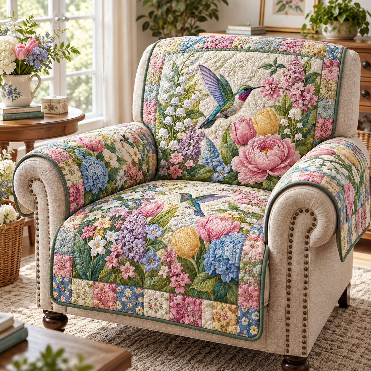 Spring Peony Hummingbird Quilted Sofa Cover SN0DV1099