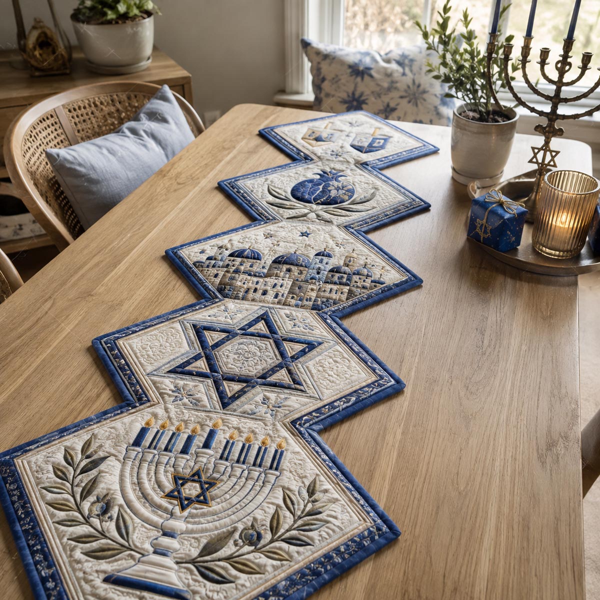Star Of David Blessing Custom Shape Quilted Table Runner SN0DV381