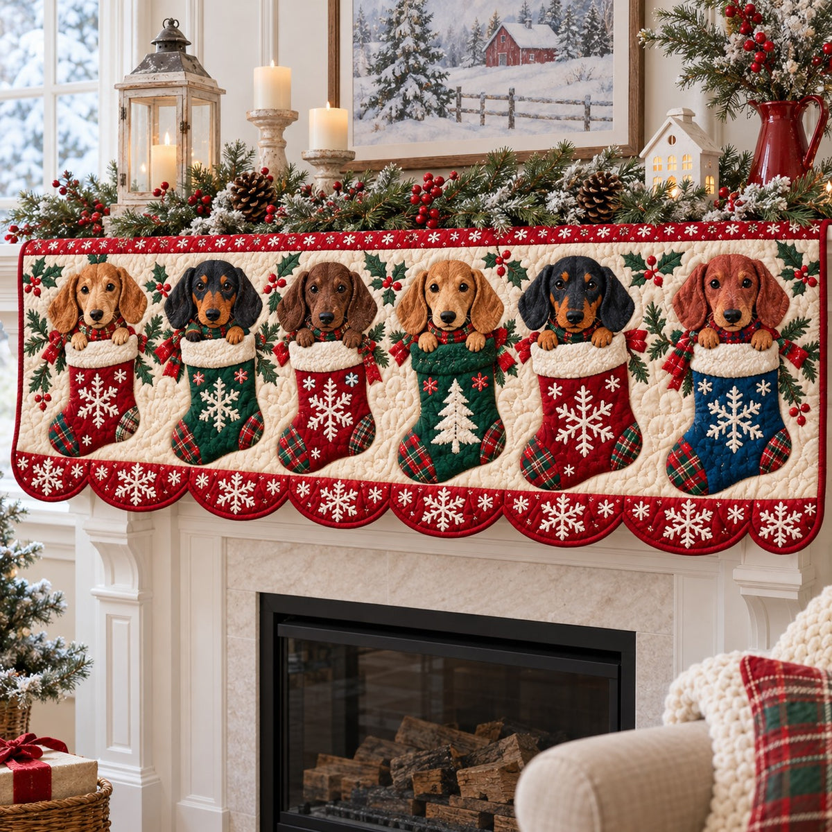 Stocking Doxie Pups Quilted Mantel Scarf SN0TV921