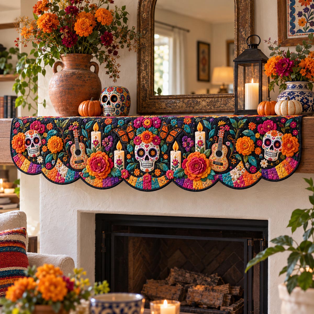 Sugar Skull Marigold Garland Quilted Mantel Scarf SN0DV623