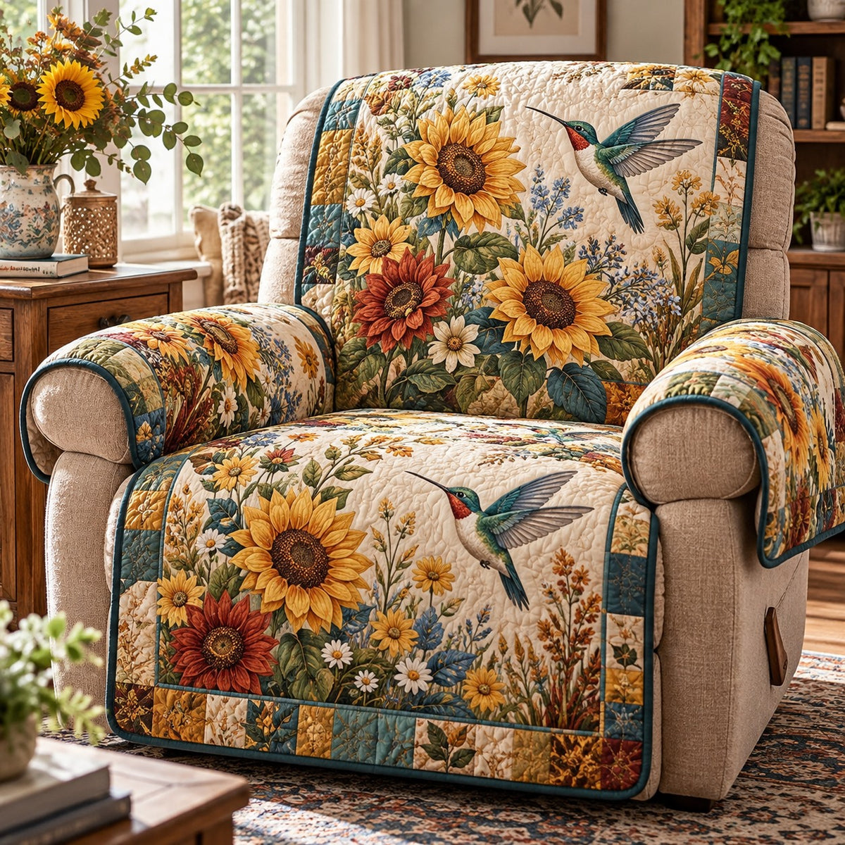 Sunflower Hummingbird Garden Quilted Sofa Cover SN0DV1105