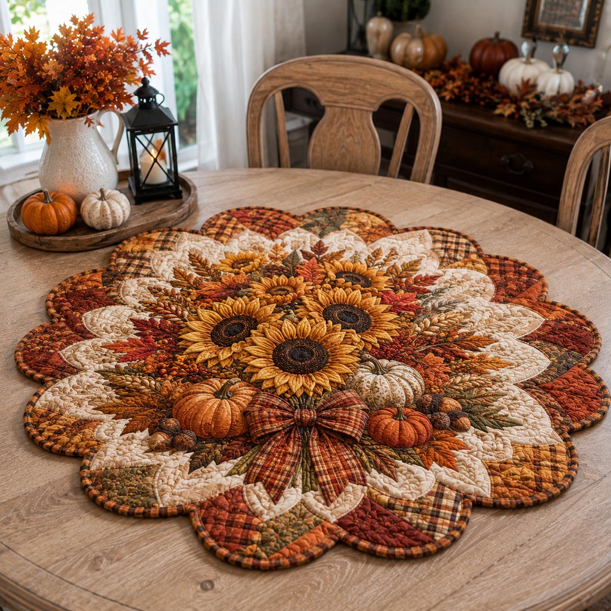 Sunflower Pumpkin Basket Custom Shape Quilted Table Topper SN0DV261