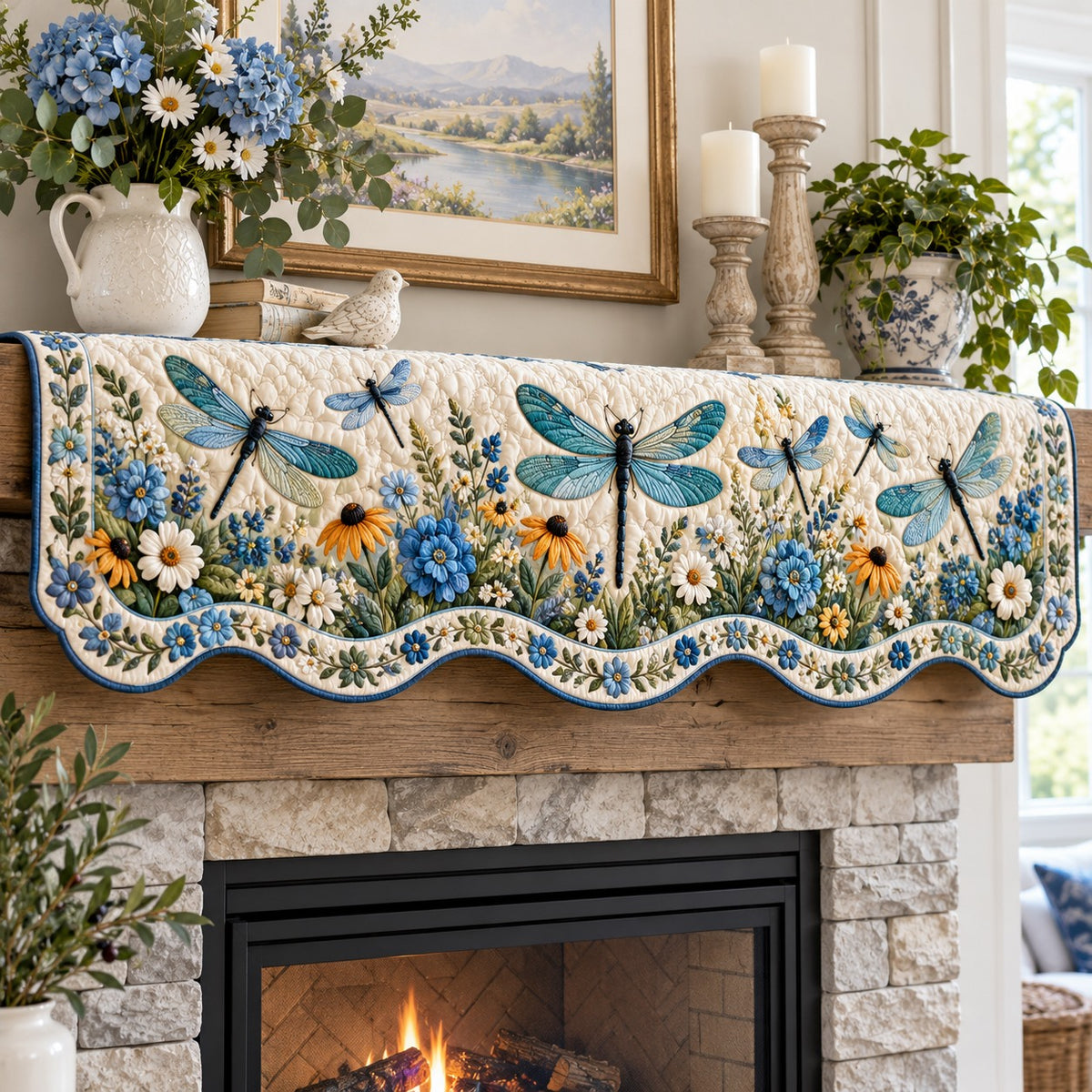 Sunflower Teal Dragonflies Quilted Mantel Scarf SN0TV969