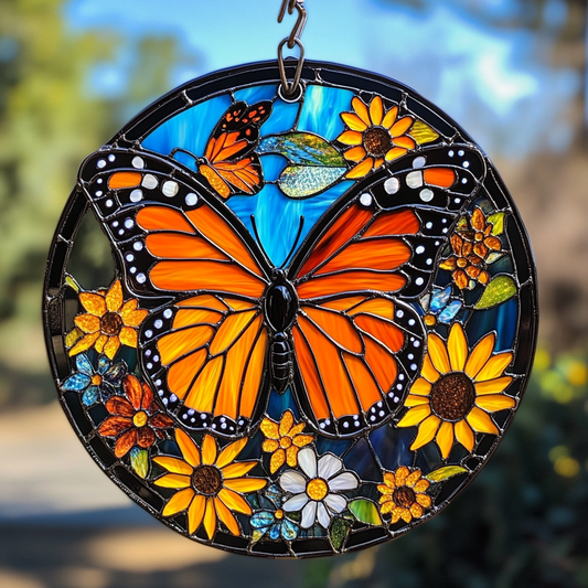 Sunlit Wings Monarch Butterfly - Stained Glass Window Hanging Suncatcher NCU0PD004