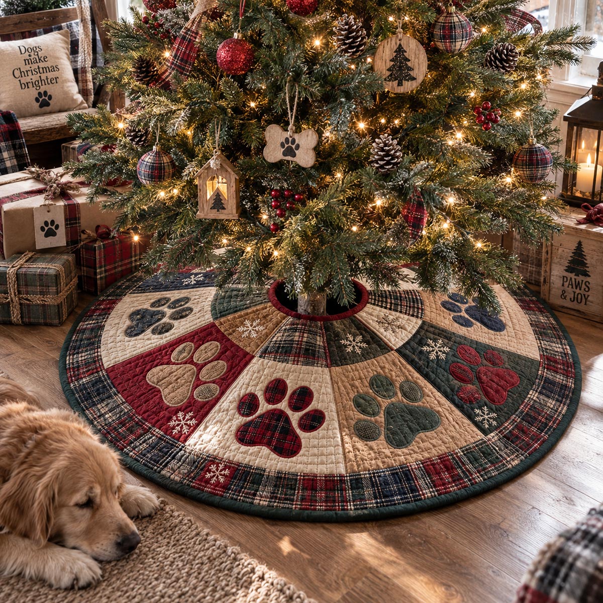 Tartan Paw Christmas Christmas Quilted Tree Skirt SN0DV665