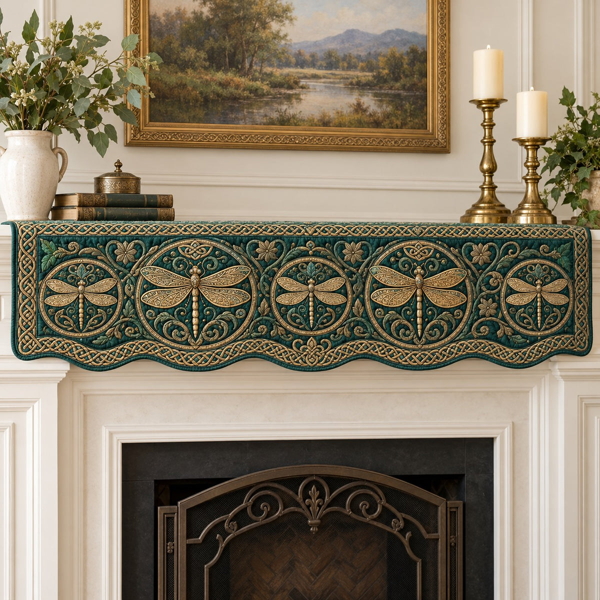 Teal Celtic Dragonfly Row Quilted Mantel Scarf SN0TV979