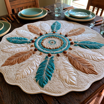 Teal Feathers Custom Shape Quilted Table Topper NCU0LV239