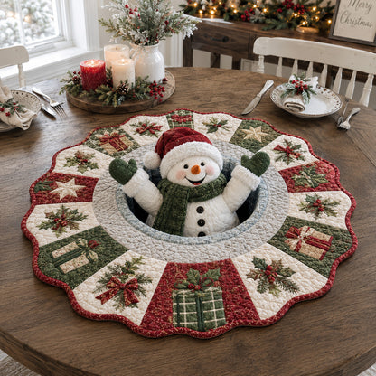 Traditional Present Snowman Custom Shape Quilted Table Topper SN0HH0123