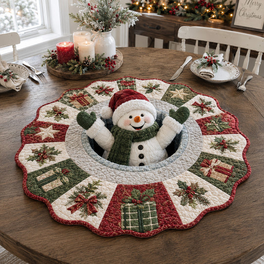 Traditional Present Snowman Custom Shape Quilted Table Topper SN0HH0123