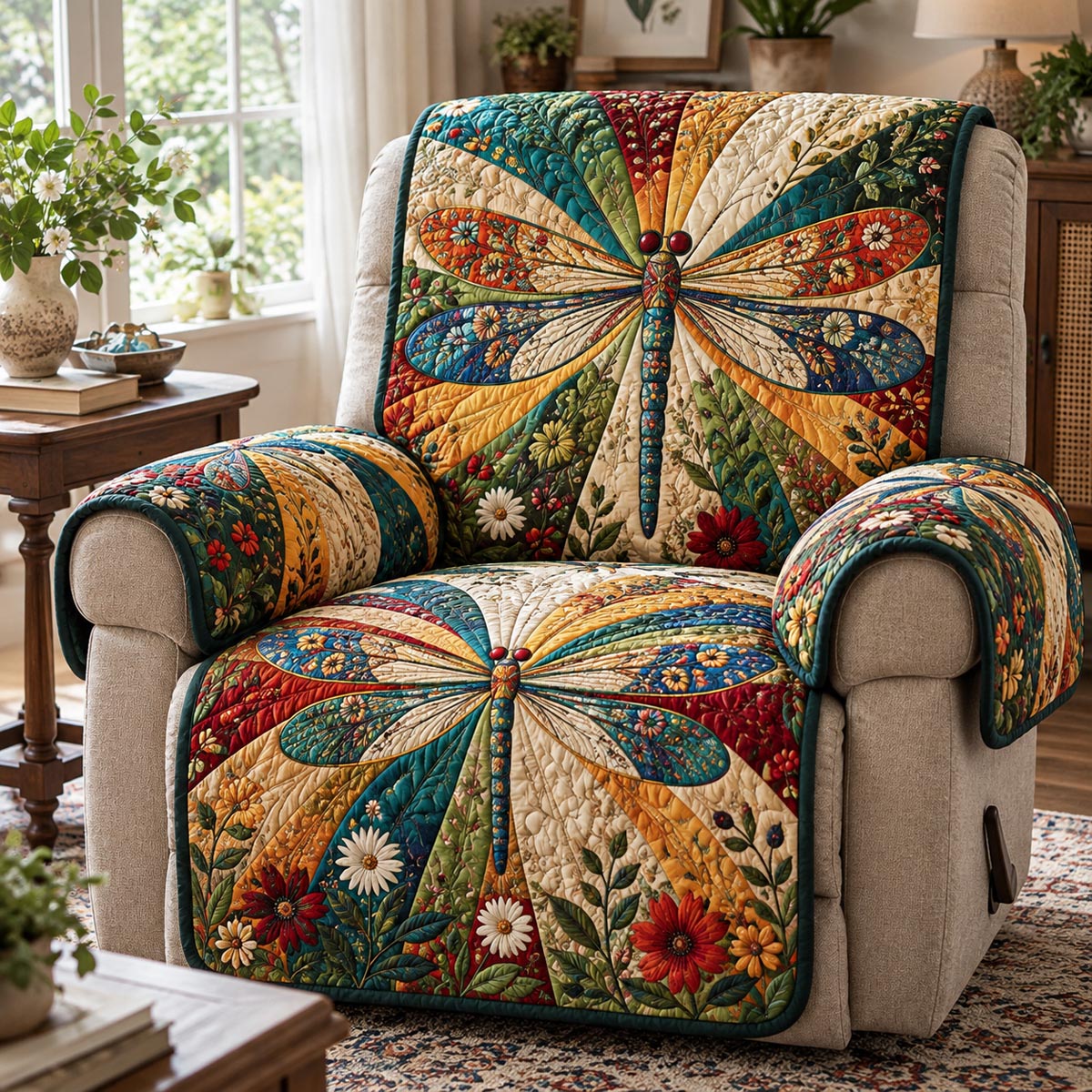 Turquoise Meadow Dragonfly Quilted Sofa Cover SN0DV1072
