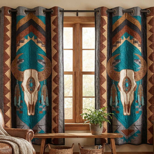 Turquoise Skull Quilted Curtains NCU0DX043
