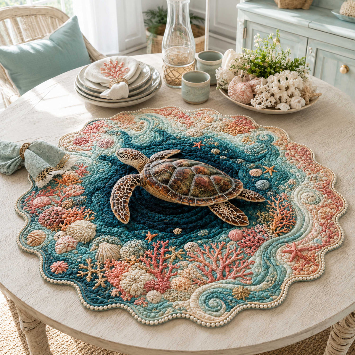 Turtle Coast Custom Shape Quilted Table Topper SN0TD394