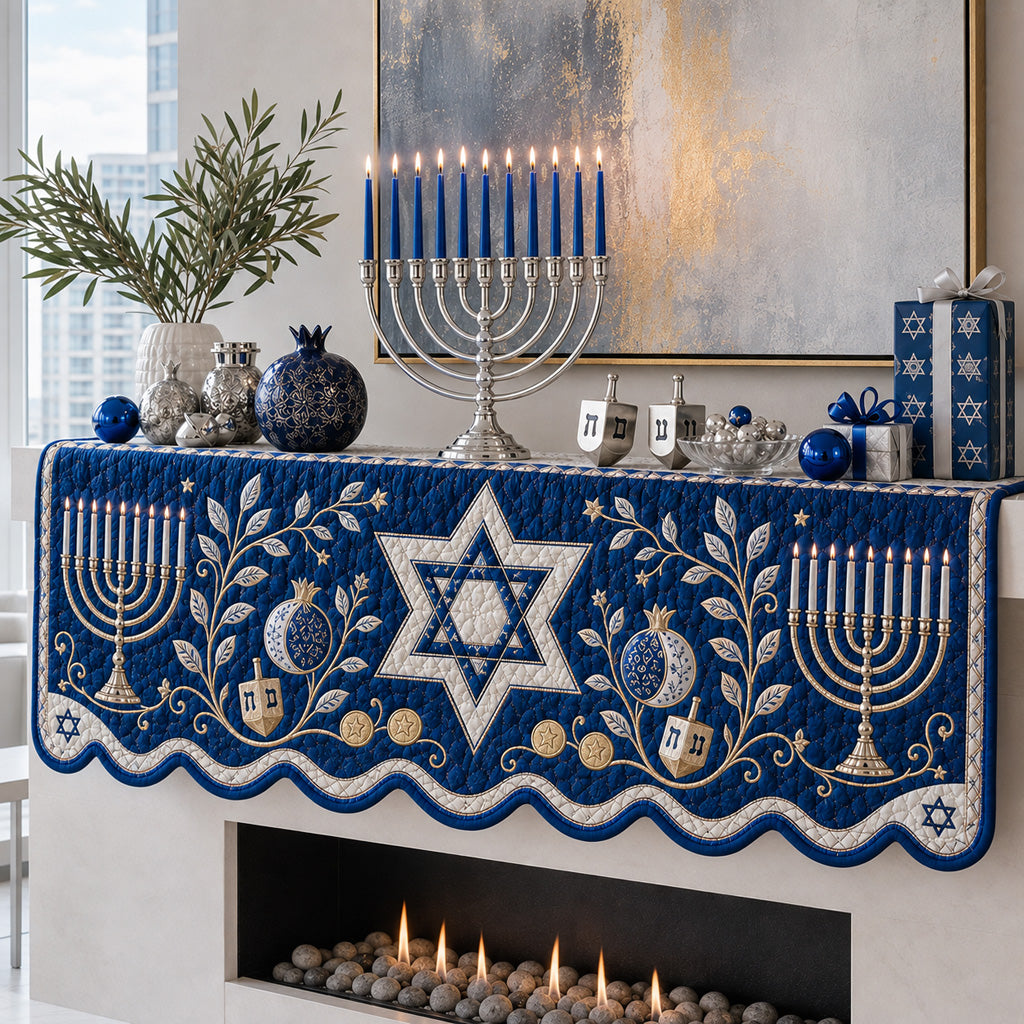 Twin Menorah Hanukkah Quilted Mantel Scarf SN0HH0180