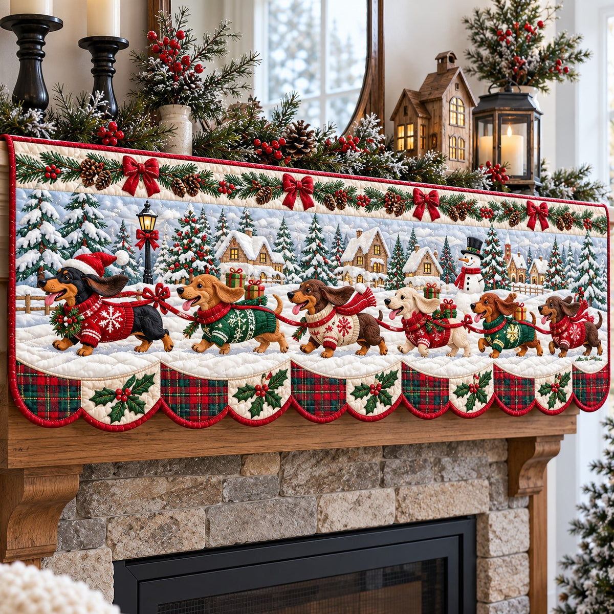 Village Sleigh Doxies Quilted Mantel Scarf SN0TV923