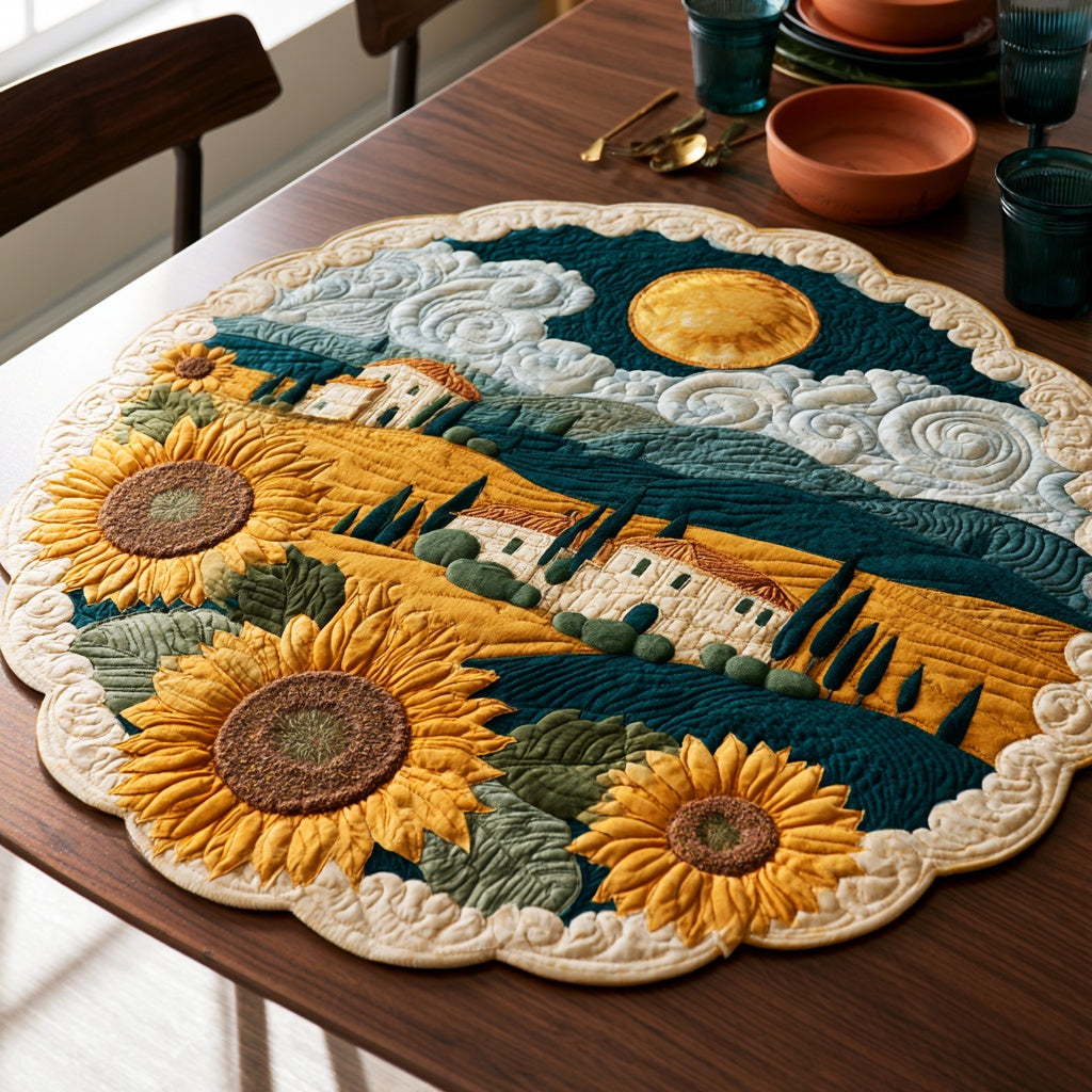 Village Sunflowers Custom Shape Quilted Table Topper NCU0LV267