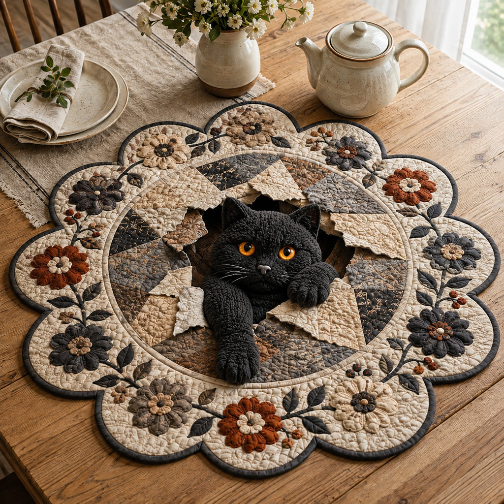 Vintage Black Cat Custom Shape Quilted Table Topper SN0HH0030