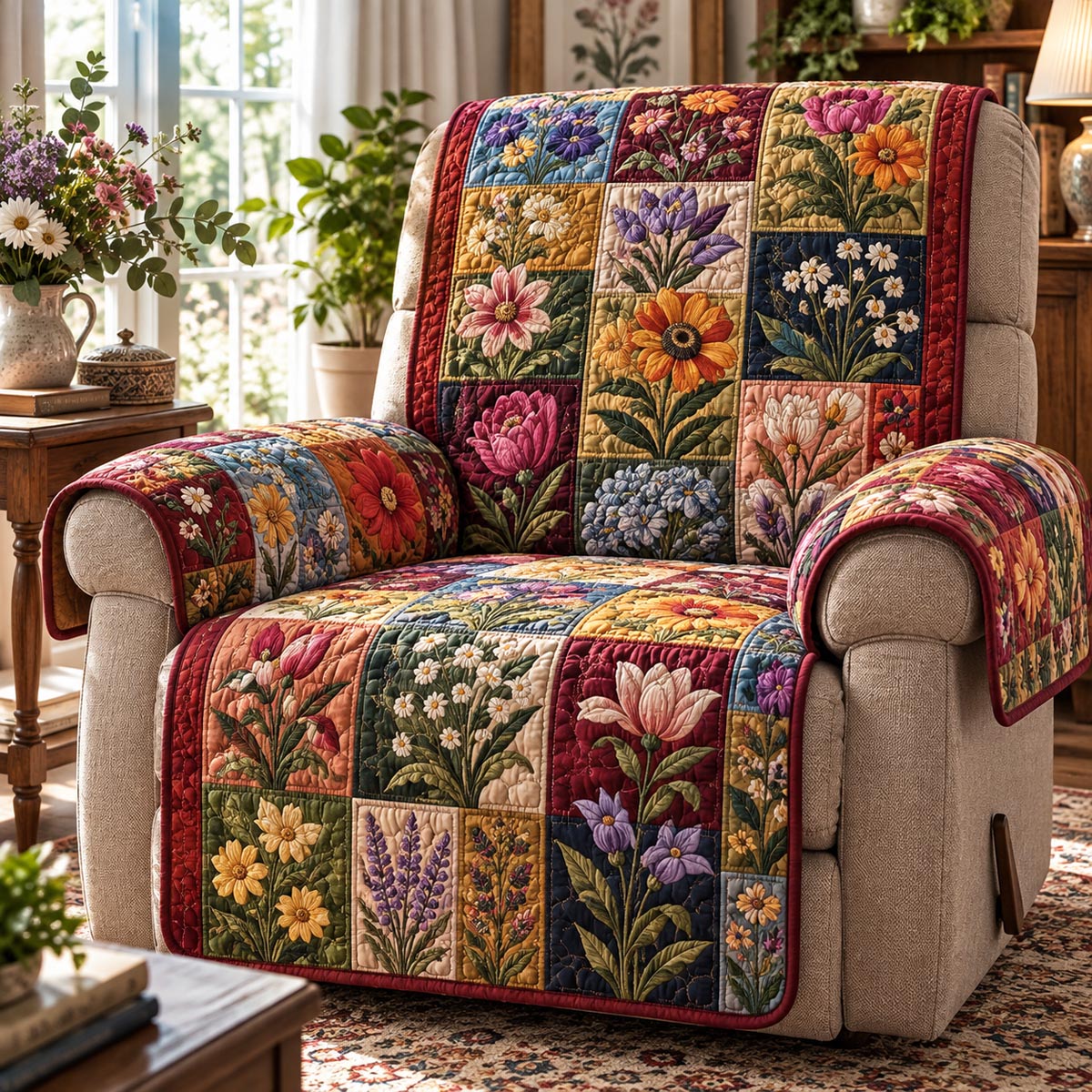 Vintage Botanical Blooms Quilted Sofa Cover SN0DV1082