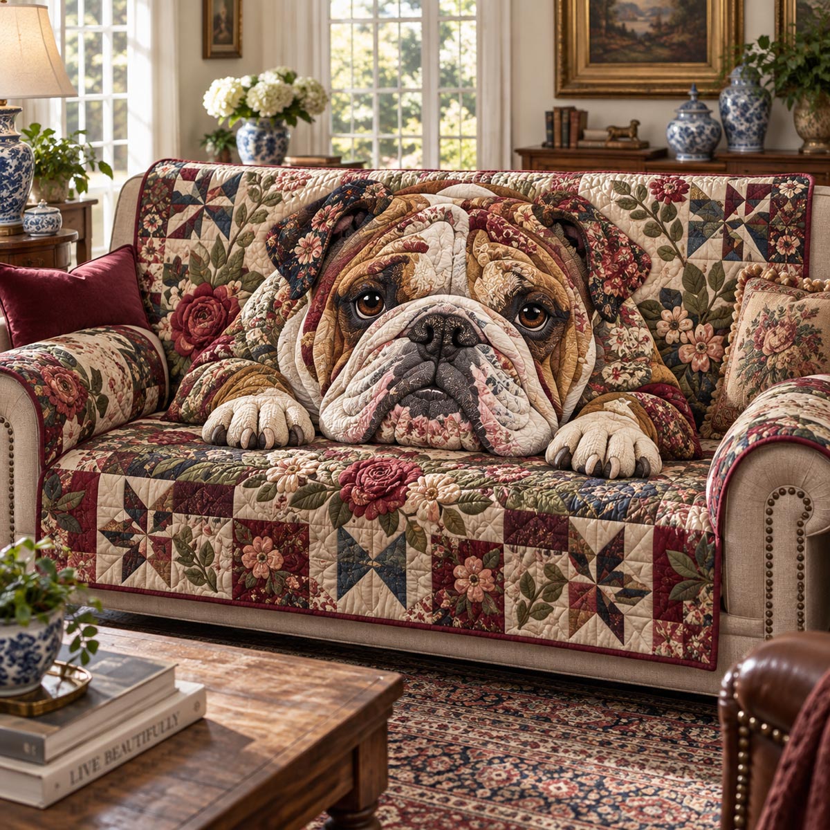 Vintage Bulldog Garden Quilted Sofa Cover SN0DV652