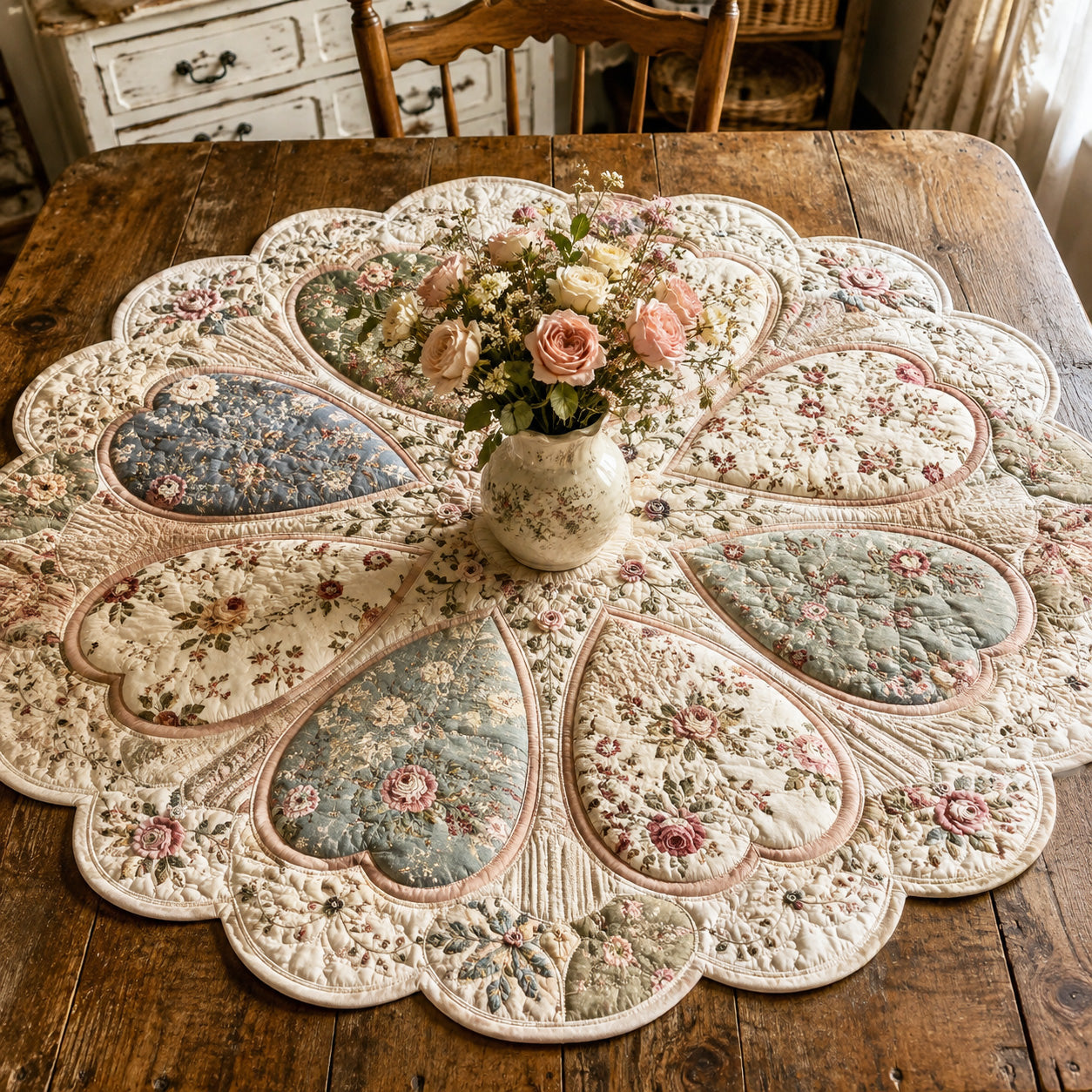 Vintage Petals Custom Shape Quilted Table Topper SN0TV088