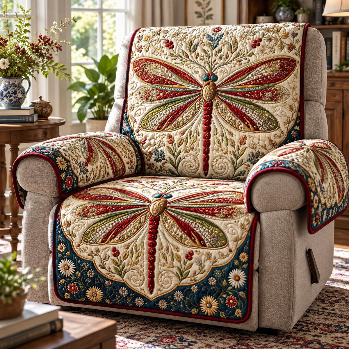 Vintage Ruby Dragonfly Quilted Sofa Cover SN0DV1067