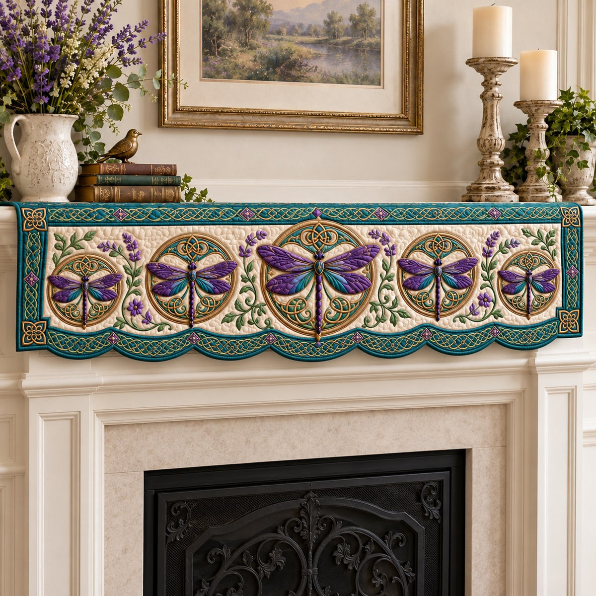 Violet Celtic Dragonflies Quilted Mantel Scarf SN0TV976