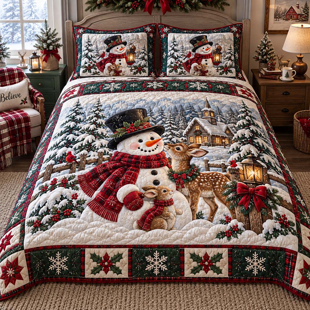 Wildlife Snowman 3-Piece Quilted Bedding Set SN0HH0627