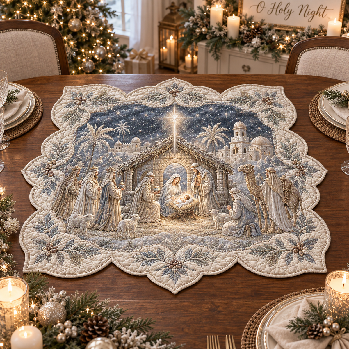 Winter Holy Night Custom Shape Quilted Table Topper SN0DV498
