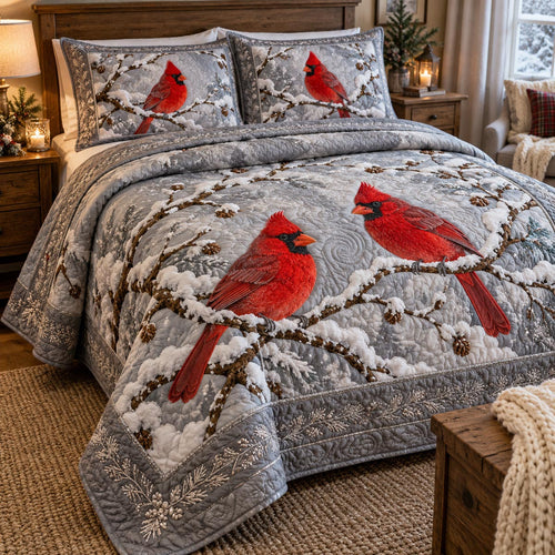 Winter Cardinal Branch 3-Piece Quilted Bedding Set SN0DV718