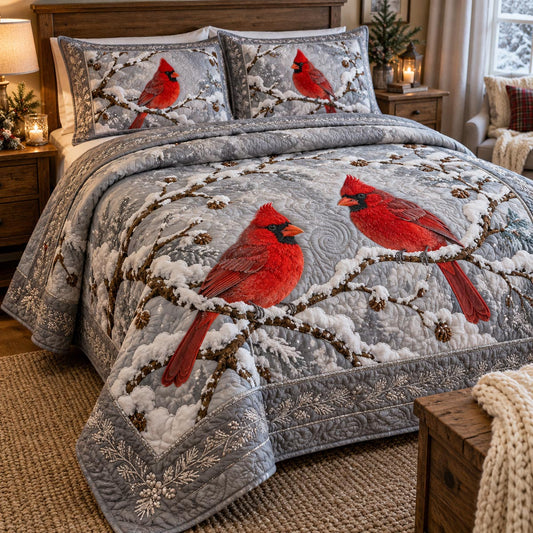 Winter Cardinal Branch 3-Piece Quilted Bedding Set SN0DV718