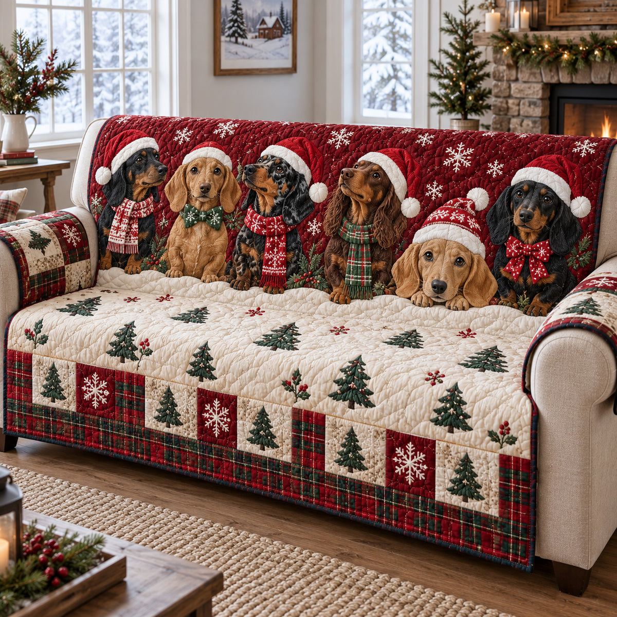 Winter Doxie Charm Quilted Sofa Cover SN0TV871